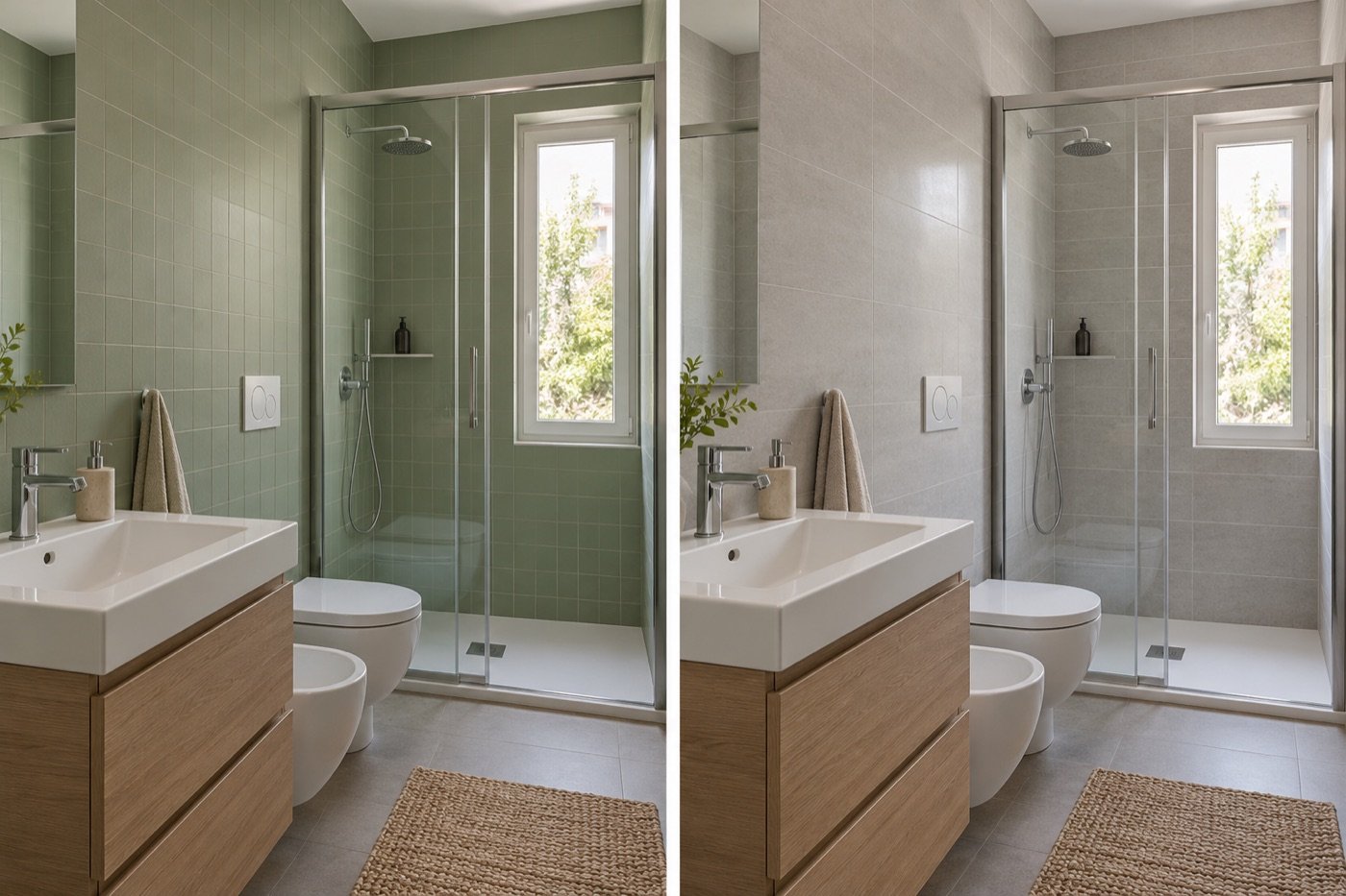 Alternative estetiche per pareti del bagno: piastrelle esistenti rinnovate con smalto e nuovo rivestimento ceramico