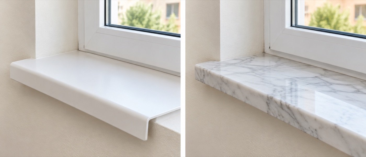 Due alternative per un davanzale interno: copertura bianca in PVC e nuovo elemento in marmo