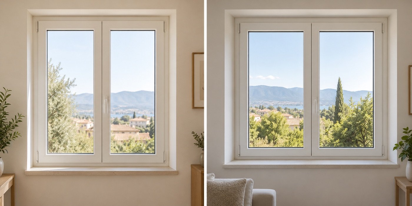 Due configurazioni di finestra bianca in PVC, da valutare per misure e prestazioni dell’installazione