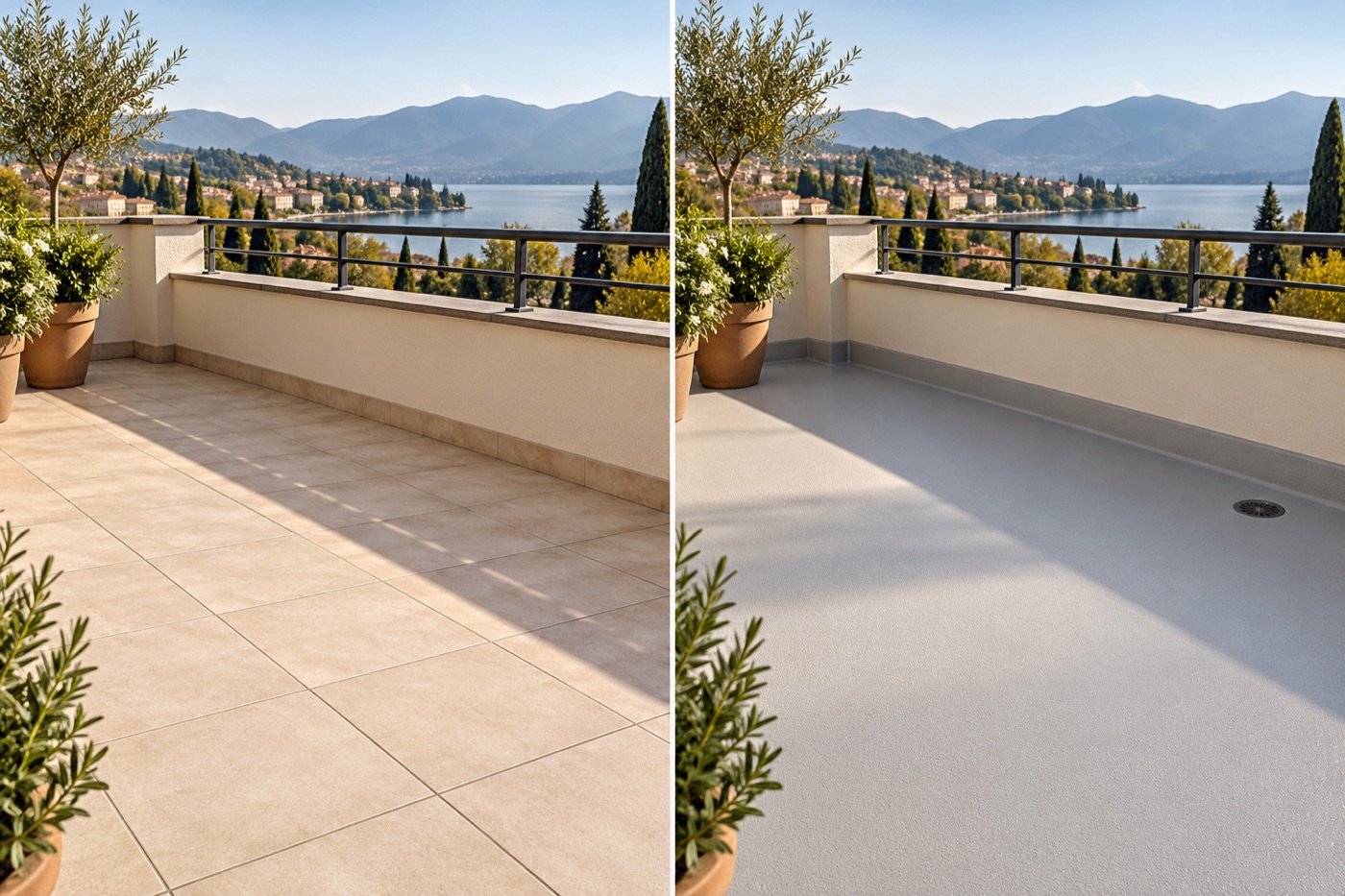 Due possibili finiture esterne a confronto: terrazzo piastrellato e membrana continua a vista
