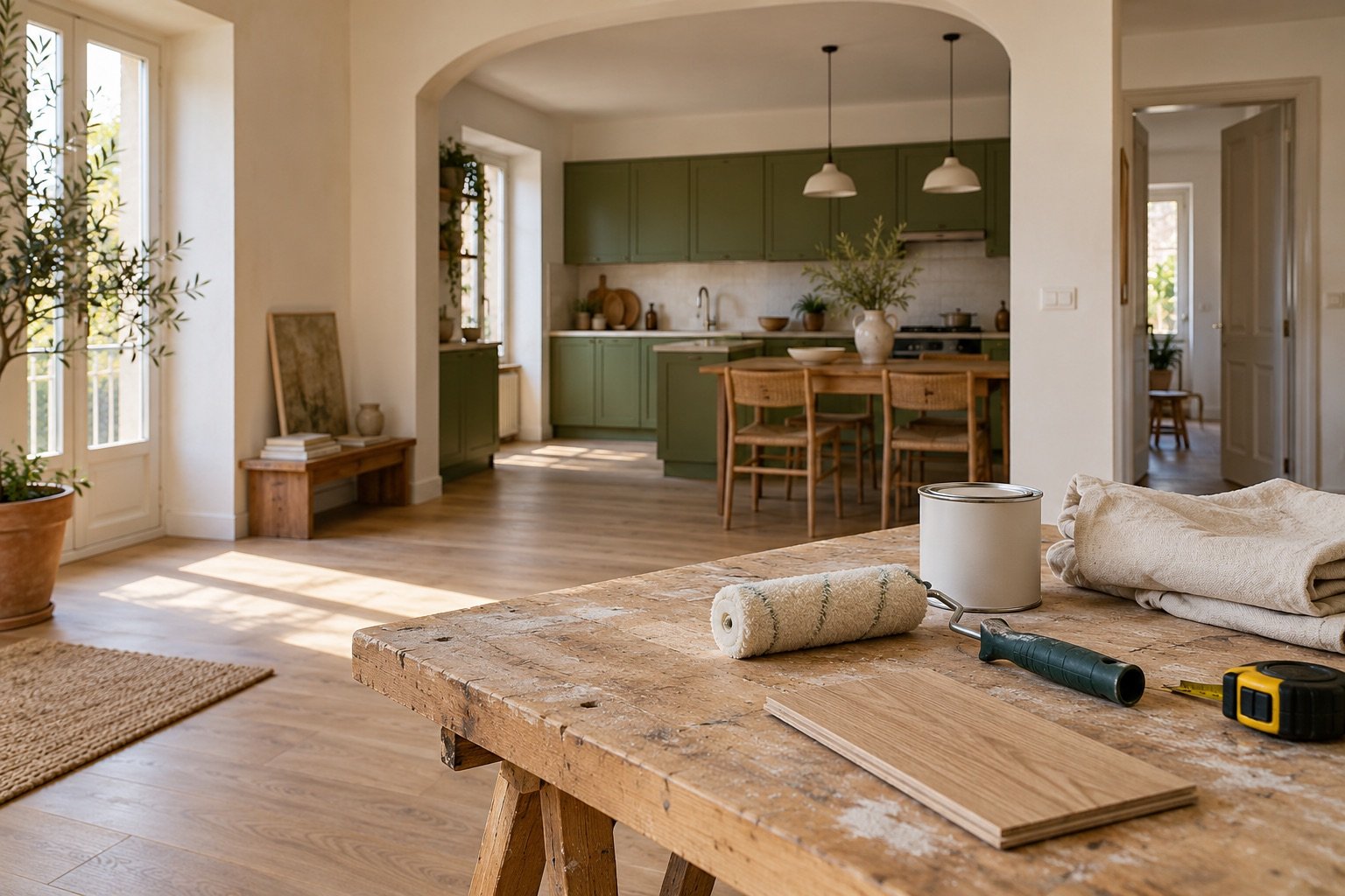 Interno luminoso con pavimento in legno chiaro e strumenti per piccoli lavori