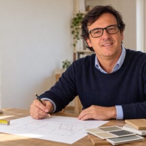 Marco Rinaldi al tavolo con documenti e materiali per organizzare il progetto di ristrutturazione