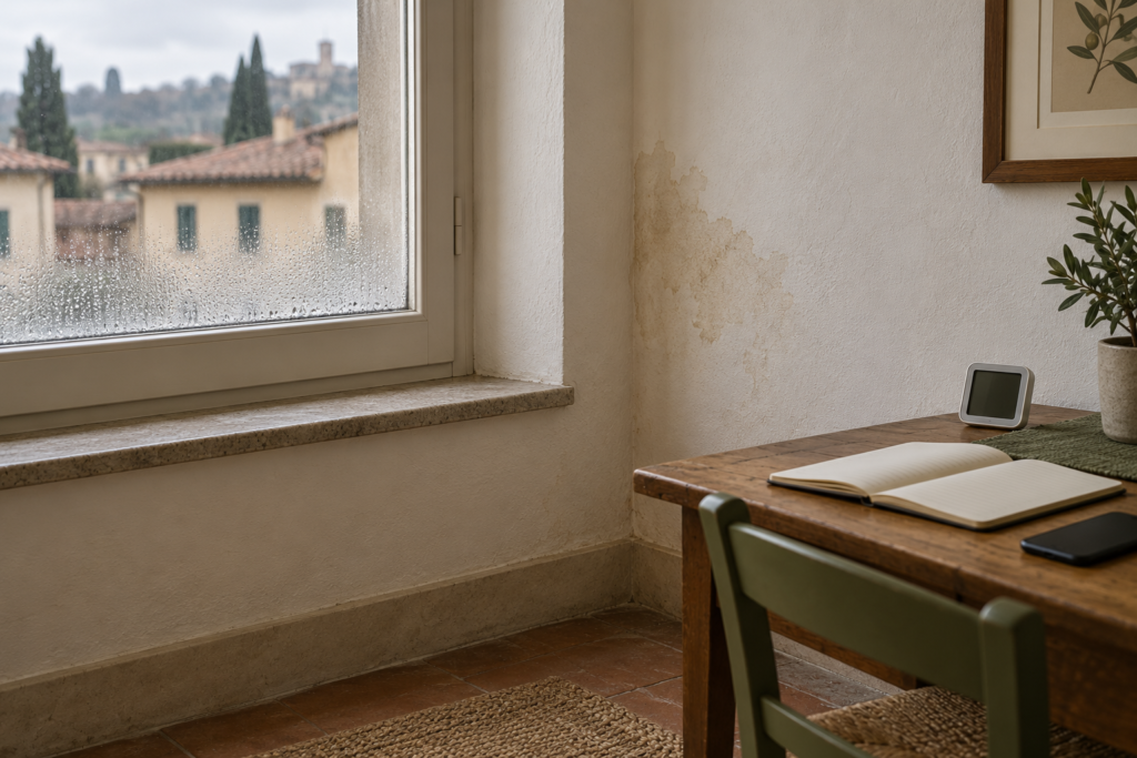Goccioline sul vetro, macchia sulla parete e termoigrometro vicino a un quaderno per le osservazioni