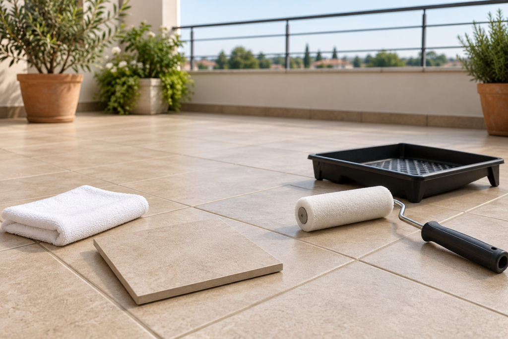 Piastrelle beige di un terrazzo con campione, rullo e panno preparati per la valutazione del trattamento
