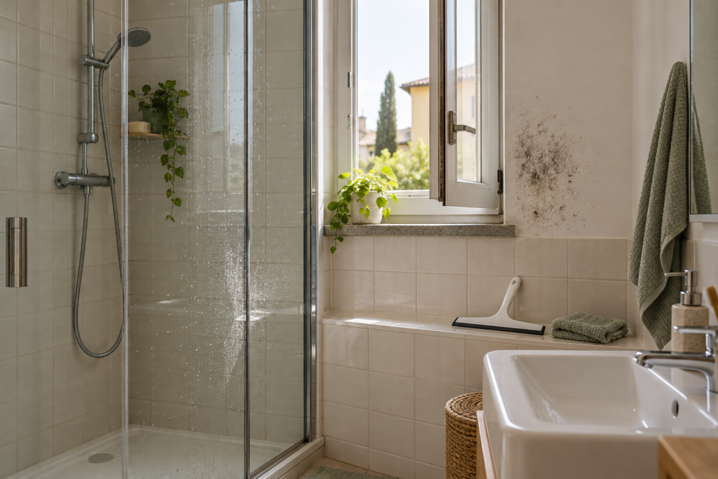 Bagno con box doccia, finestra, piccola macchia vicino al telaio e tergivetro sul bordo asciutto