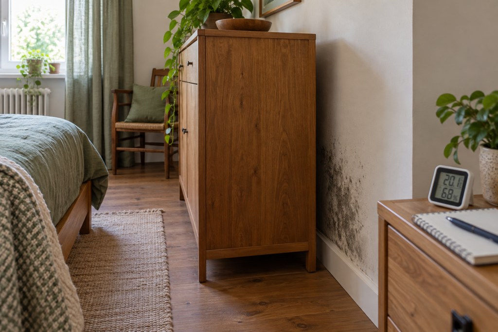 Vista laterale di un mobile in legno con una piccola macchia sul muro retrostante e un misuratore sul comò