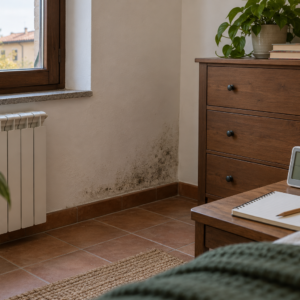 Termoigrometro e quaderno vicino a una parete con piccola zona macchiata e mobile distanziato per l’osservazione