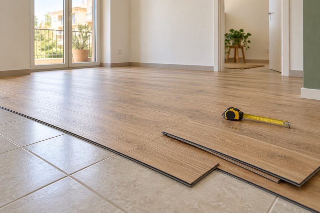 Ambiente domestico con pavimento effetto legno, riferimento visivo per la scelta del nuovo rivestimento