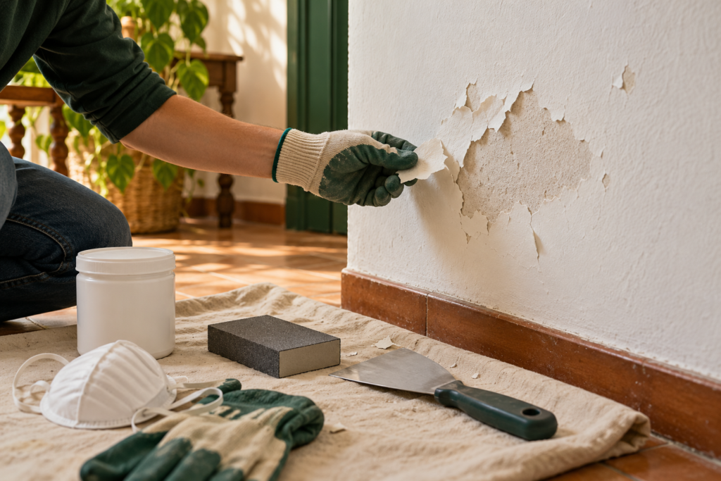 Piccola zona di pittura bianca sfogliata su parete interna asciutta con attrezzi per la preparazione del fondo
