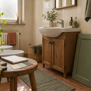 Bagno con piastrelle conservate, campione verde per il mobile e strumenti per misure e scelta delle finiture