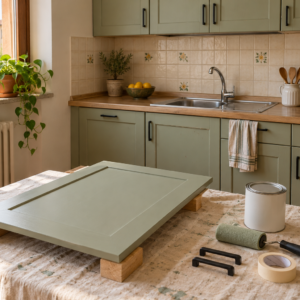 Anta verde salvia appoggiata su supporti stabili, con rullo e maniglie davanti a una cucina esistente
