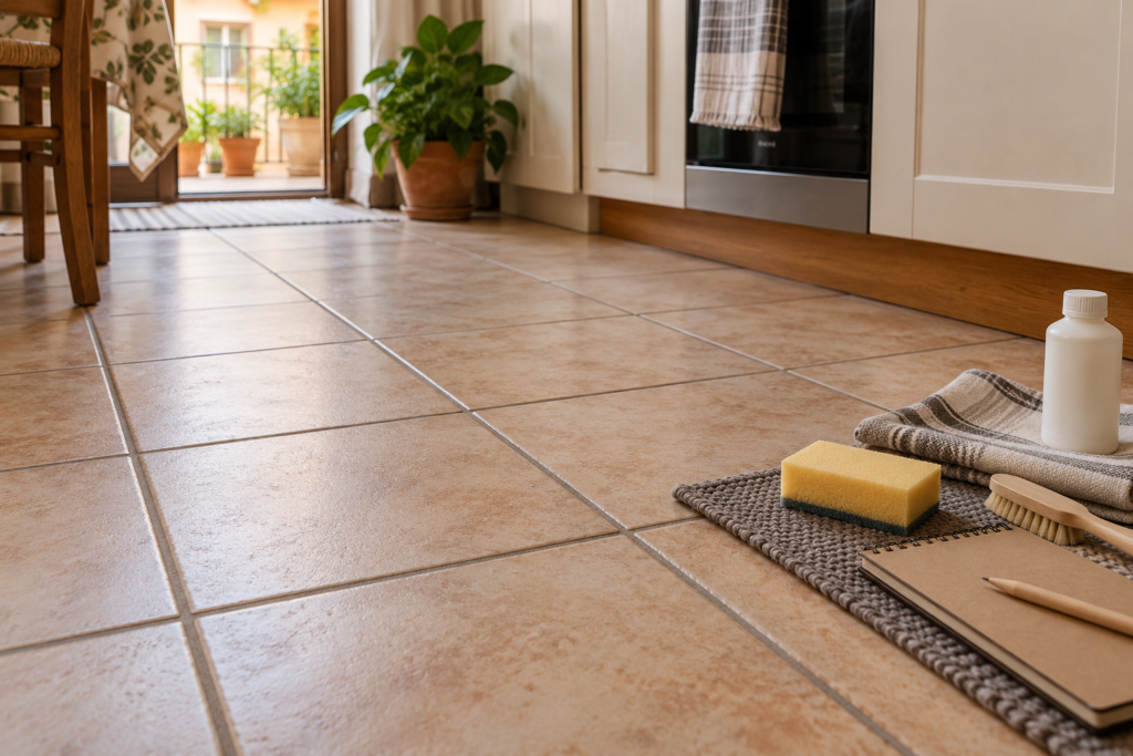 Pavimento in ceramica beige con fughe integre, spugna, spazzola e quaderno per un piccolo intervento