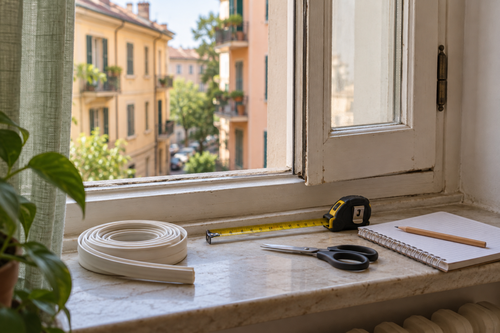 Finestra in legno con rotolo di guarnizione, metro e forbici sul davanzale interno