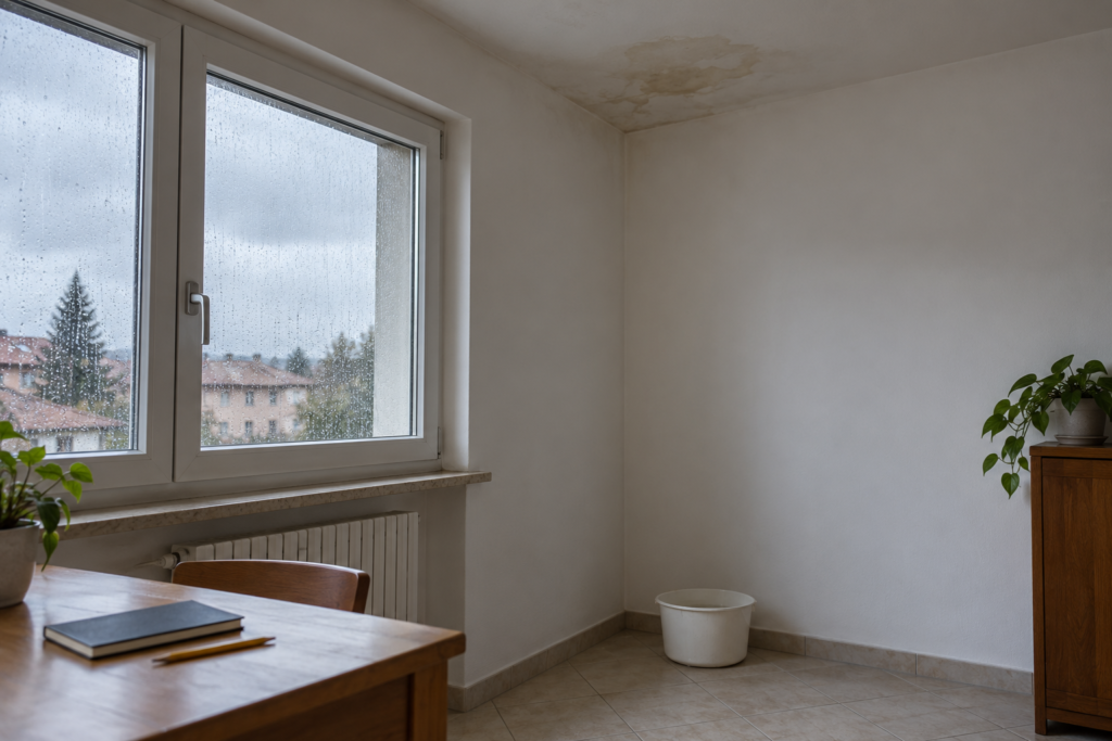 Stanza domestica con alone sul soffitto e contenitore a pavimento, esempio visivo di una perdita da verificare