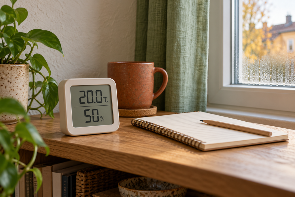 Termoigrometro su un ripiano con quaderno per registrare temperatura e umidità dell’aria domestica
